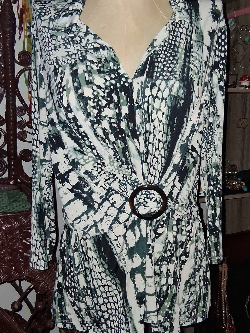 Women's Green and White Printed Wrap Dress with Ring Accent
